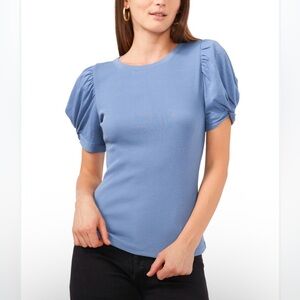 1. State Women Blue Knotted Crew Neck Ribbed Short Puff Sleeve Top Size S
